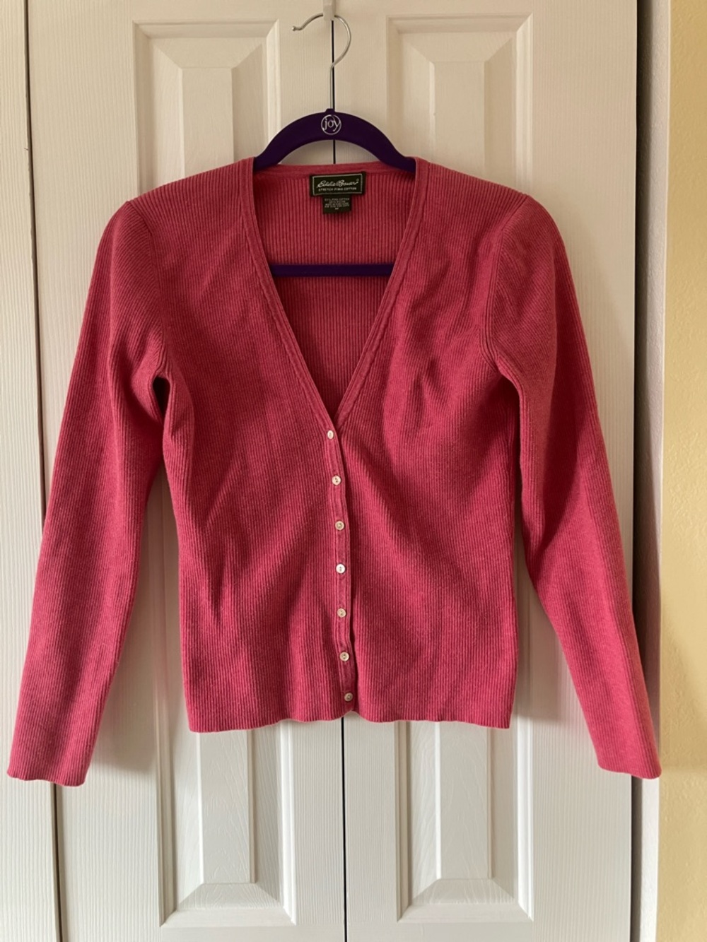 Eddie Bauer Rose Pink Ribbed V-Neck Button Cardigan